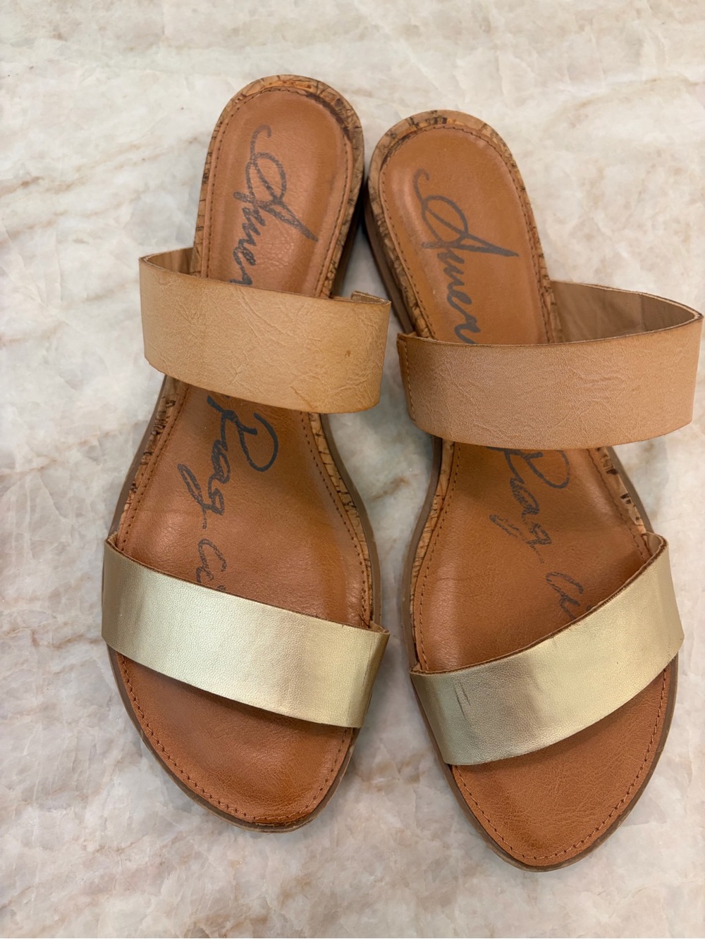 American Rag Women's Two-Band Slide Sandals in Tan and Gold